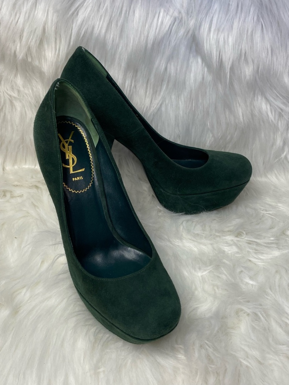 Yves Saint Laurent Tribtoo 80 Platform Heels in Emerald Green Suede. Authentic.